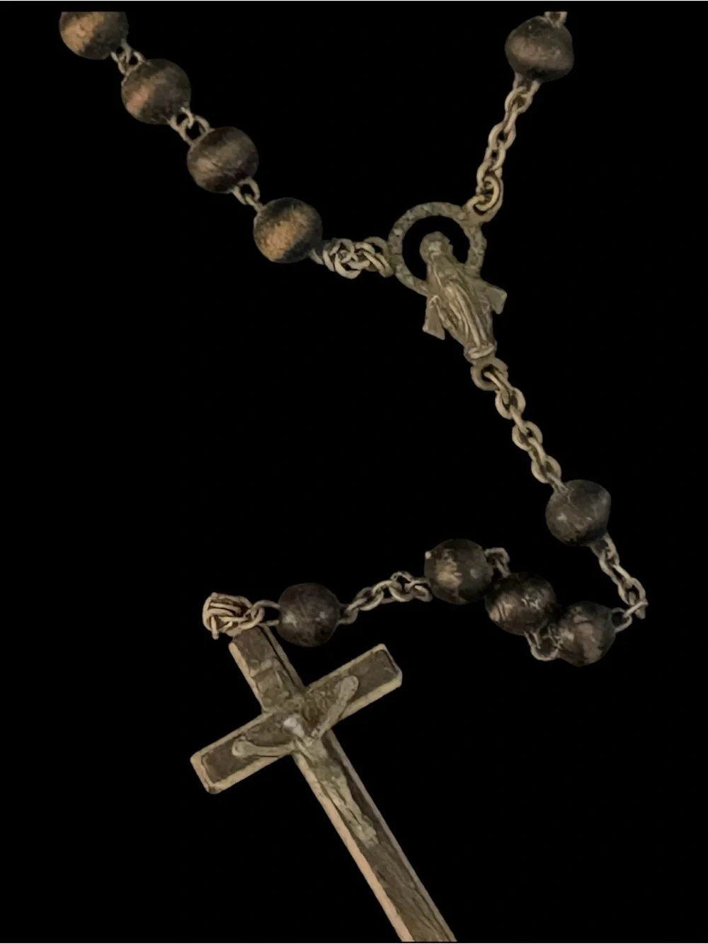 Vintage Dolce & Gabbana Wood Bead Rosary Necklace Crucifix DG Logo Plate Y2K